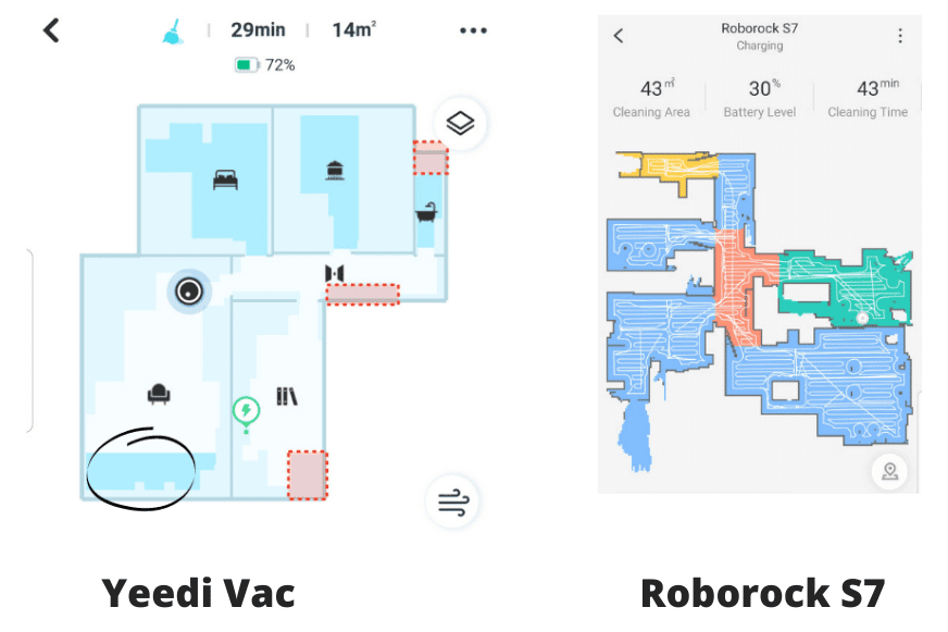 Показаны траектории очистки при навигации VSLAM и лазерной навигации